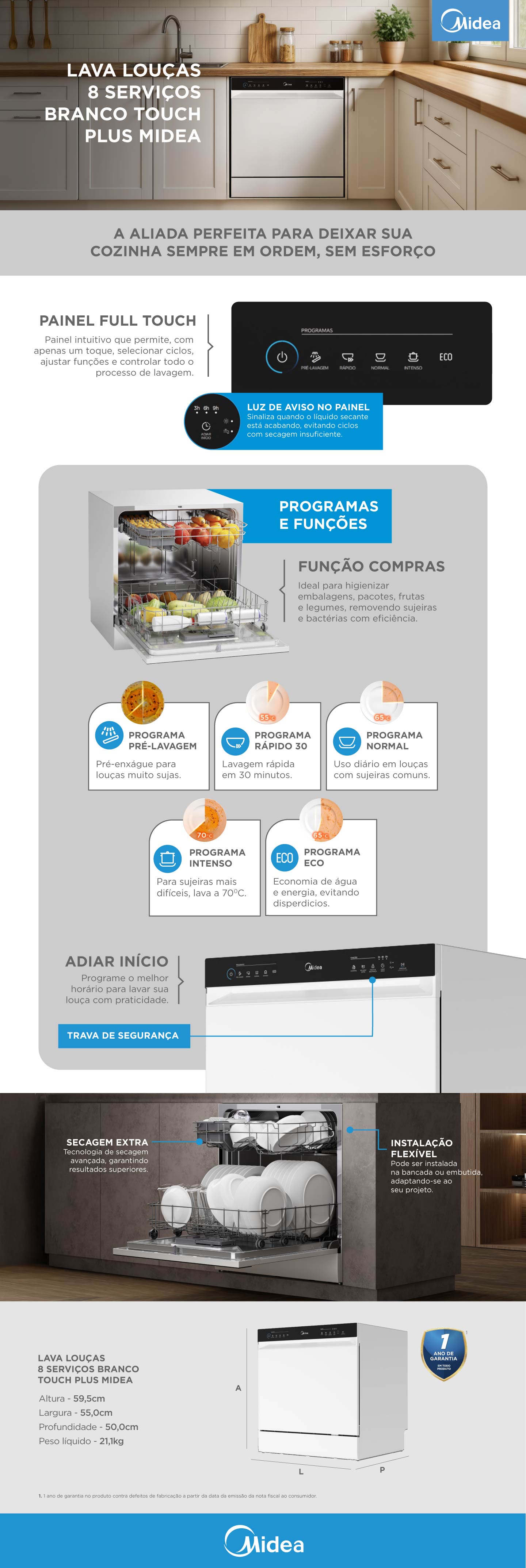 Lava Louças 8 Serviços Branca Touch Plus | Midea